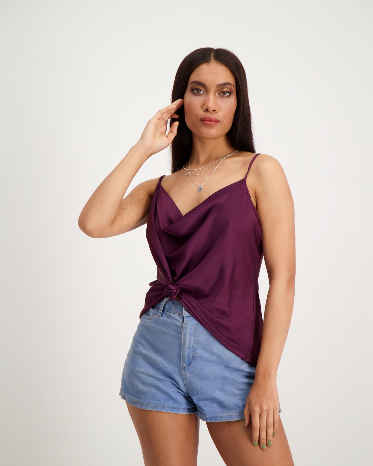 Burgundy cowl neck cami looks and feels gorgeous. Fashioned from silky smooth Armani satin